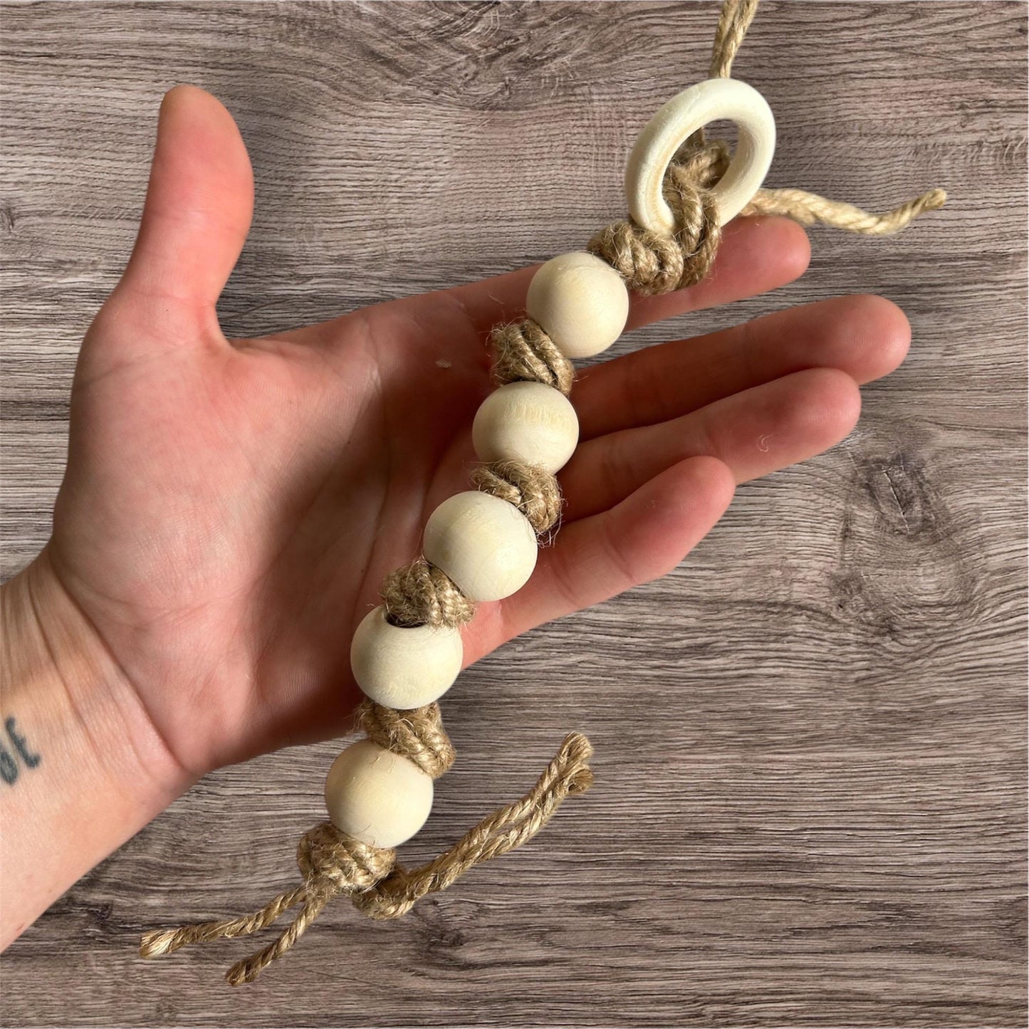 Bird Foot Toy with natural wood beads and jute string